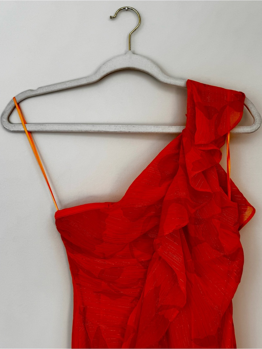 Taylor One Shoulder Shimmer Ruffle Midi Dress, Orange Floral – Size 2 - Picture 2 of 7